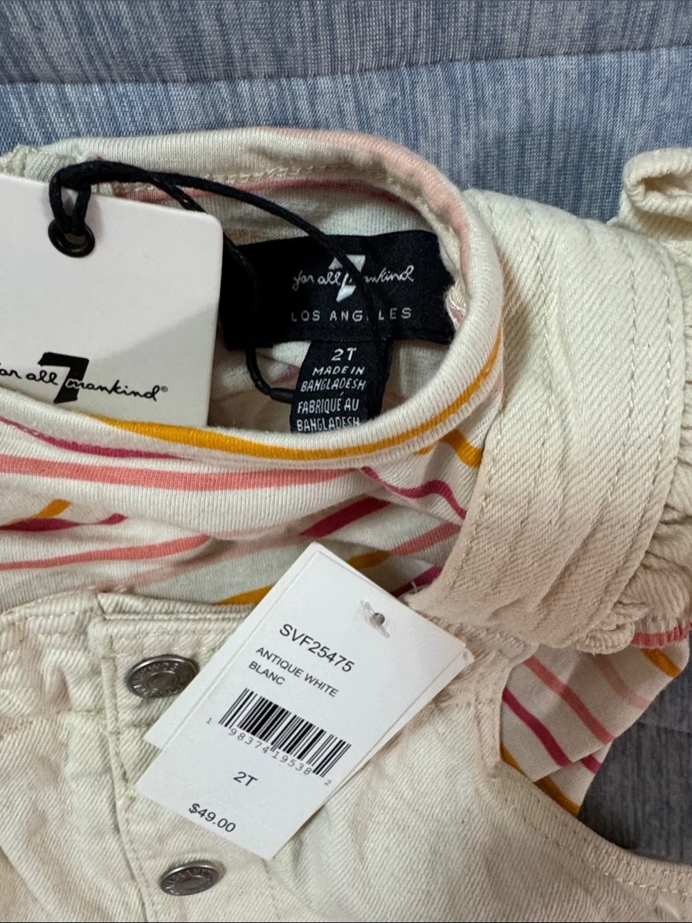 7 For All Mankind Cream Embroidered Overall Dress with Striped Tee